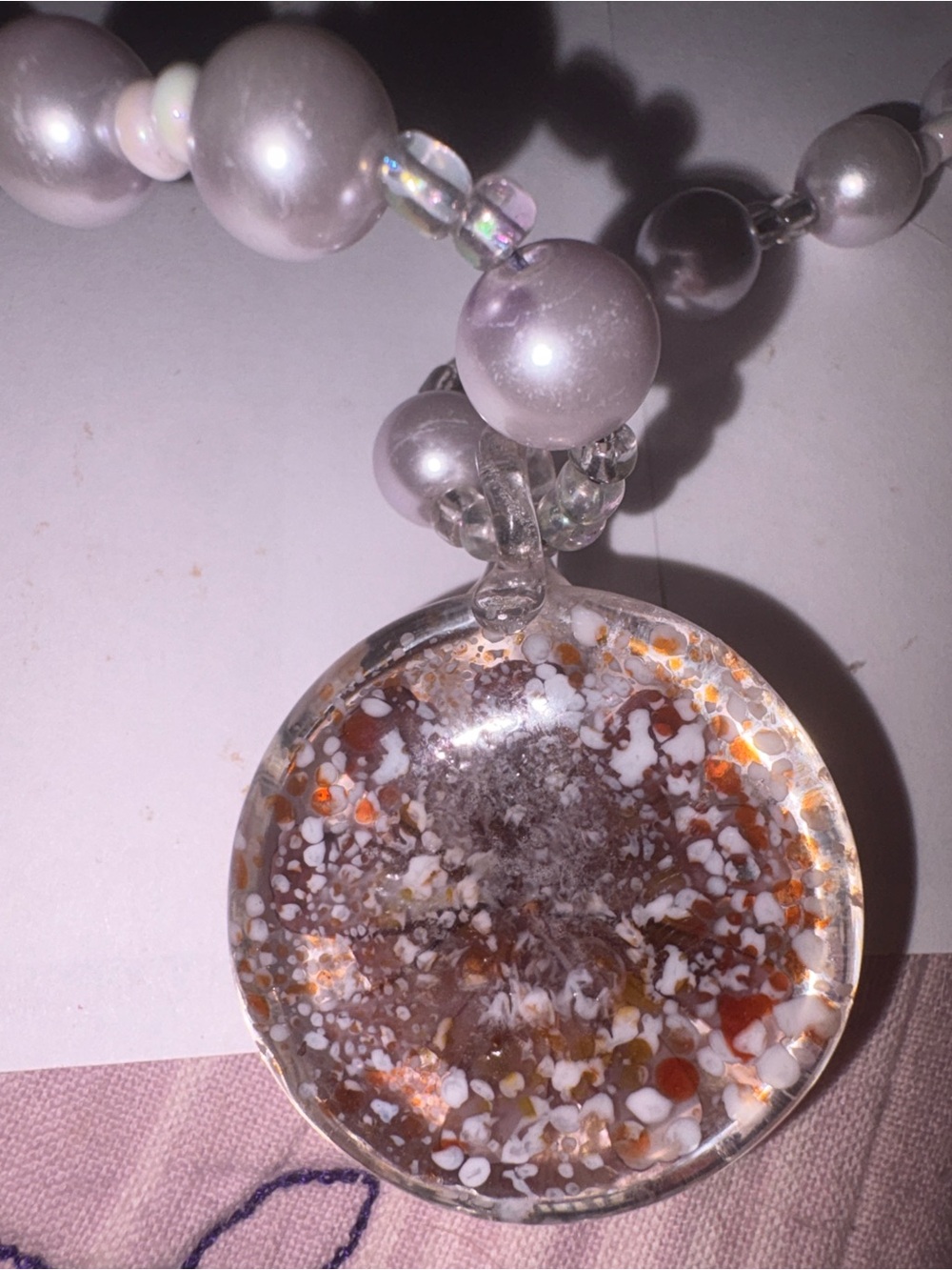 Handmade Pearlized Lilac Beaded Necklace with Floral Resin Glass Pendant - Picture 6 of 7